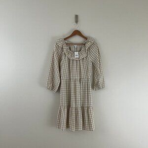 J Crew Light Khaki White Seersucker Ruffle Neck Mini Dress Size 6